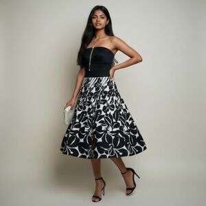 White House Black Market Strapless Floral Dress Women 12 Black White Lined EUC